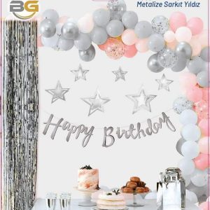 kaligrafi banner happy birthday yıldızlı gümüş,party mall