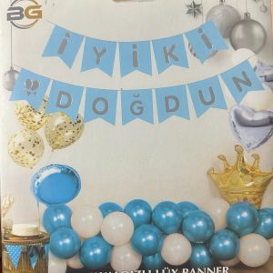İyiki Doğdun Mavi Üzeri Gümüş Yazılı Lüx Banner,toptan parti malzemeleri,party mall