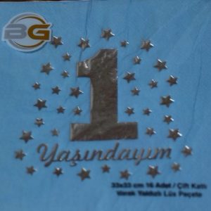 Yaldızlı 1 Yaş Mavi Peçete,toptan parti malzemeleri,party mall