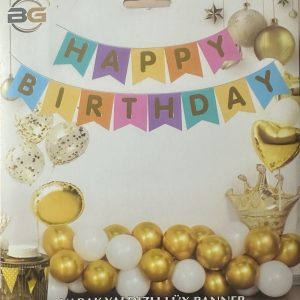 Makaron Renklerde Gold Yazı Happy Bırthday Lüx Banner,toptan parti malzemeleri,party mall