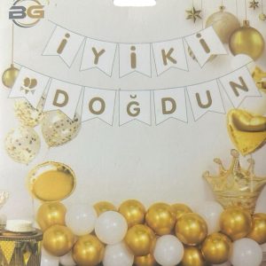 İyiki Doğdun Beyaz Üzeri Gold Yazılı Lüx Banner,toptan parti malzemeleri,party mall