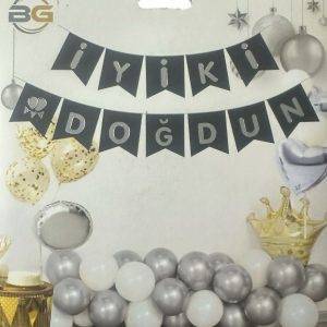 İyiki Doğdun Siyah Üzeri Gümüş Yazılı Lüx Banner,toptan parti malzemeleri,party mall