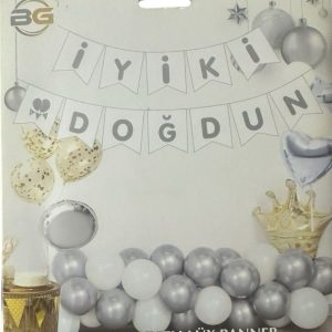 İyiki Doğdun Beyaz Üzeri Gümüş Yazılı Lüx Banner,toptan parti malzemeleri,party mall
