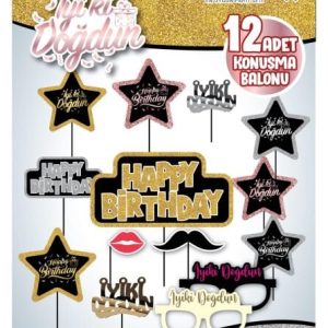 12 li konuşma balonu happy birthday,toptan parti süs,party mall
