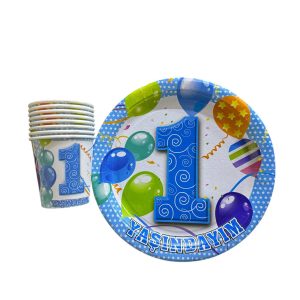 1 yaşında mavi tabak bardak seti,toptan parti süs,party mall